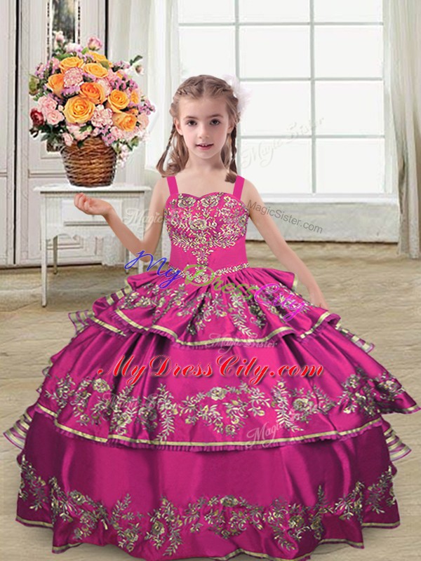 High Quality Straps Sleeveless Lace Up Little Girls Pageant Dress Fuchsia Satin