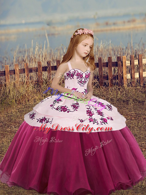 Fuchsia Winning Pageant Gowns Party and Wedding Party with Embroidery and Bowknot Straps Sleeveless Lace Up