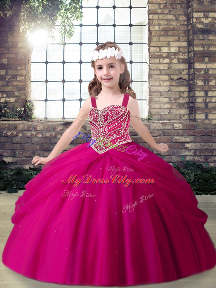 Straps Sleeveless Lace Up Custom Made Pageant Dress Fuchsia Tulle