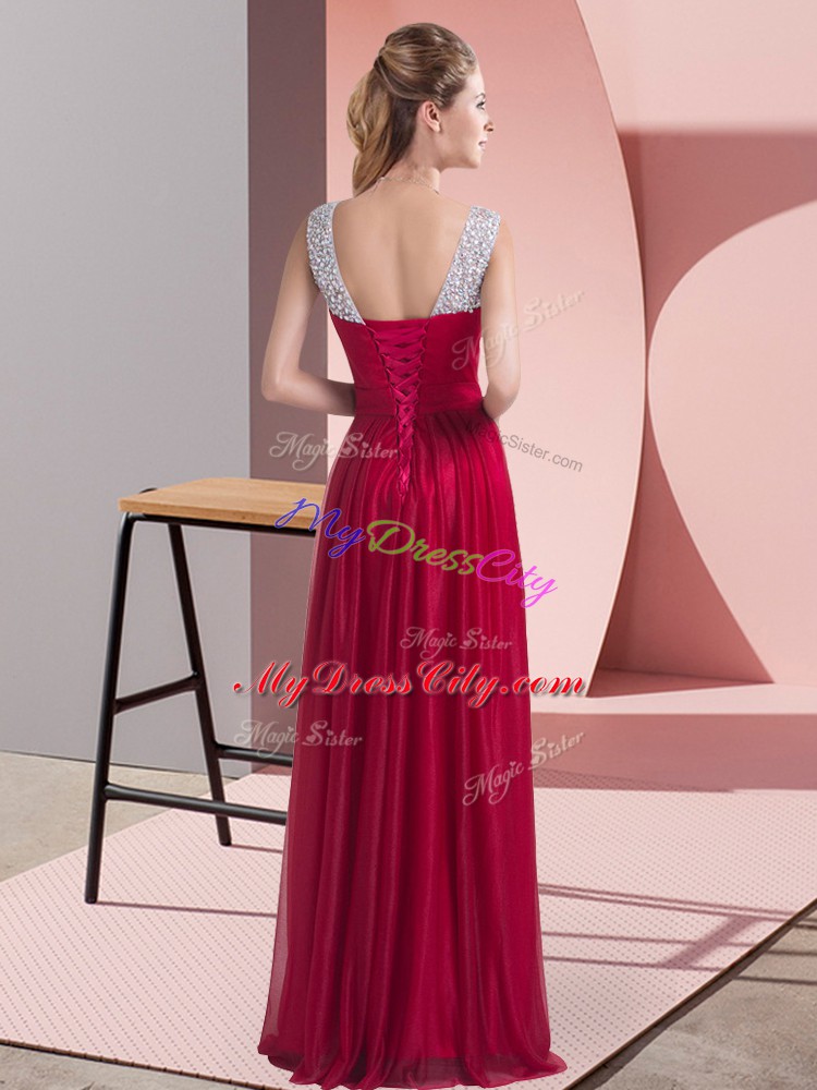 Sleeveless Lace Up Floor Length Beading Bridesmaids Dress