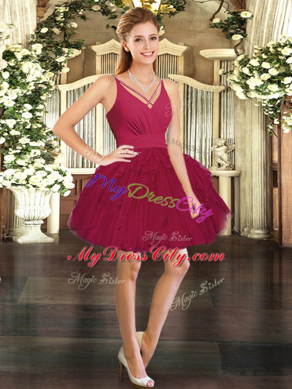 Customized Red V-neck Neckline Ruffles Sweet 16 Dress Sleeveless Lace Up