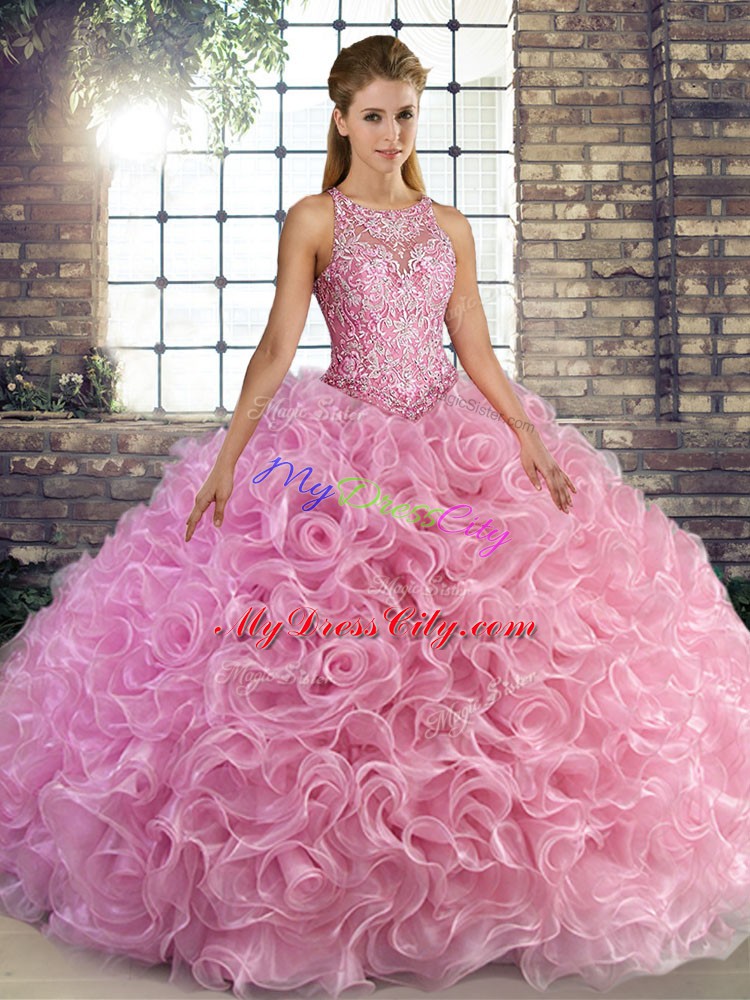 Sleeveless Floor Length Beading Lace Up Quinceanera Gown with Rose Pink