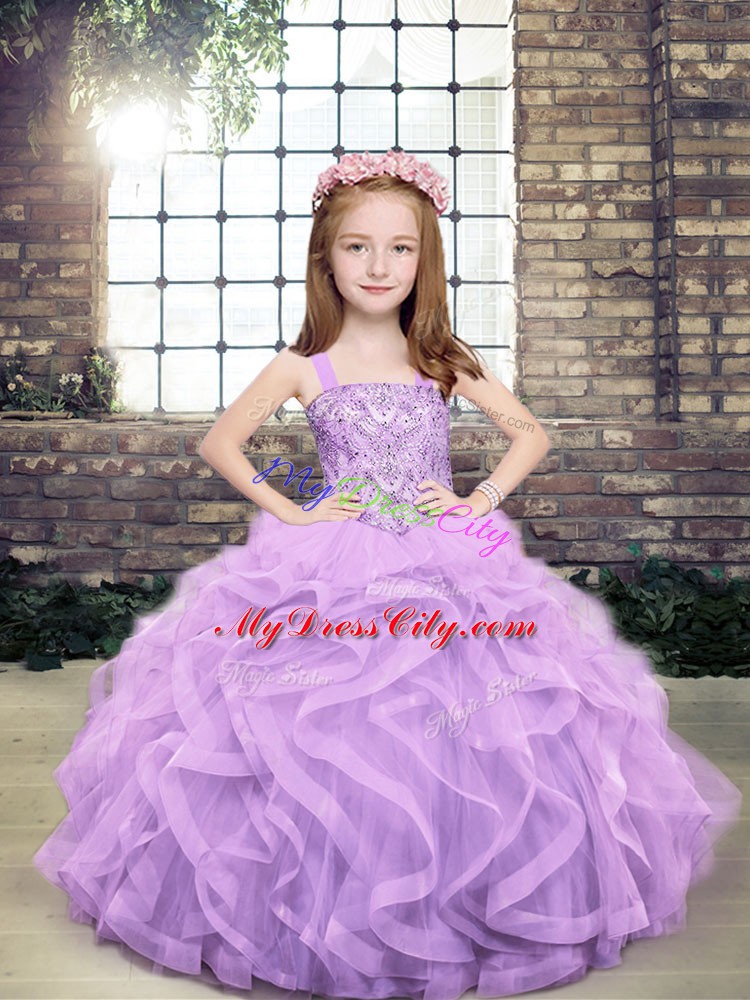 Attractive Sleeveless Floor Length Beading and Ruffles Lace Up Girls Pageant Dresses with Lavender