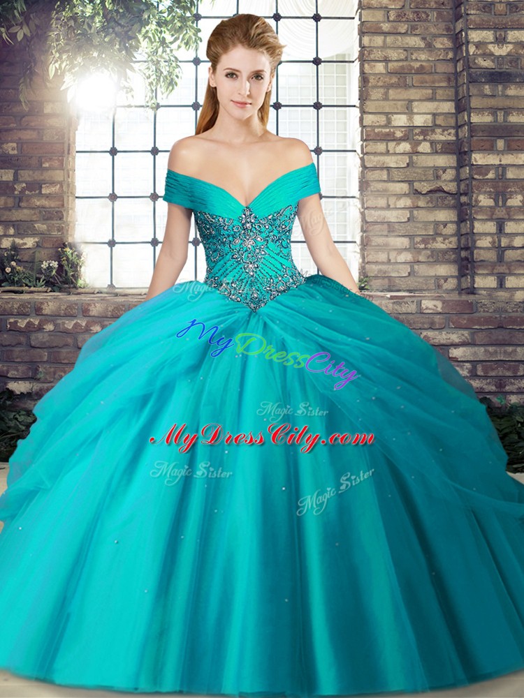 Charming Teal Lace Up Off The Shoulder Beading and Pick Ups Quinceanera Gowns Tulle Sleeveless Brush Train