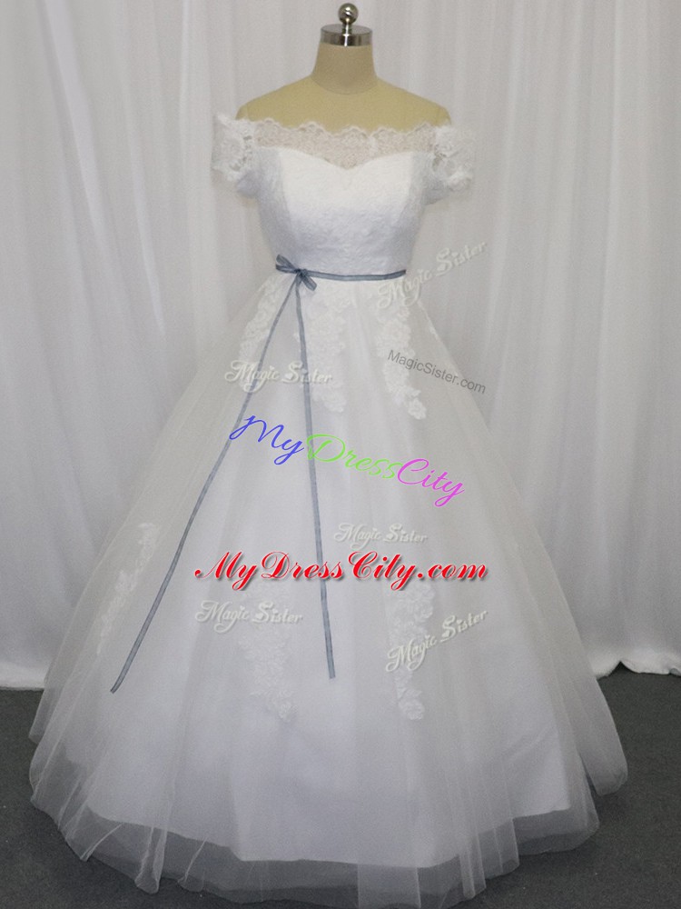 White Ball Gowns Off The Shoulder Short Sleeves Tulle Floor Length Lace Up Lace and Belt Bridal Gown