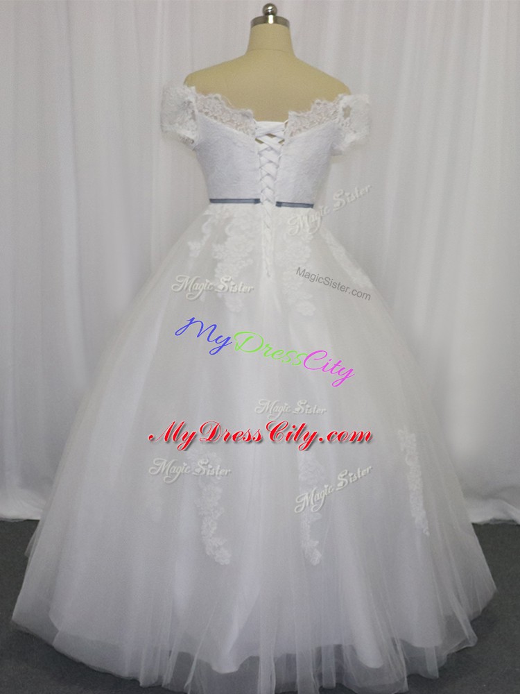 White Ball Gowns Off The Shoulder Short Sleeves Tulle Floor Length Lace Up Lace and Belt Bridal Gown