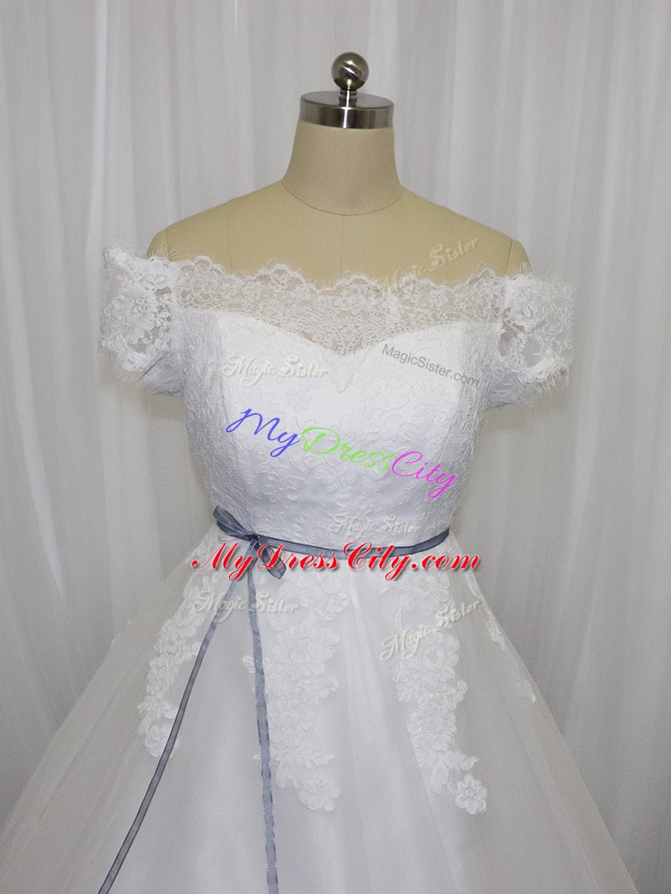 White Ball Gowns Off The Shoulder Short Sleeves Tulle Floor Length Lace Up Lace and Belt Bridal Gown