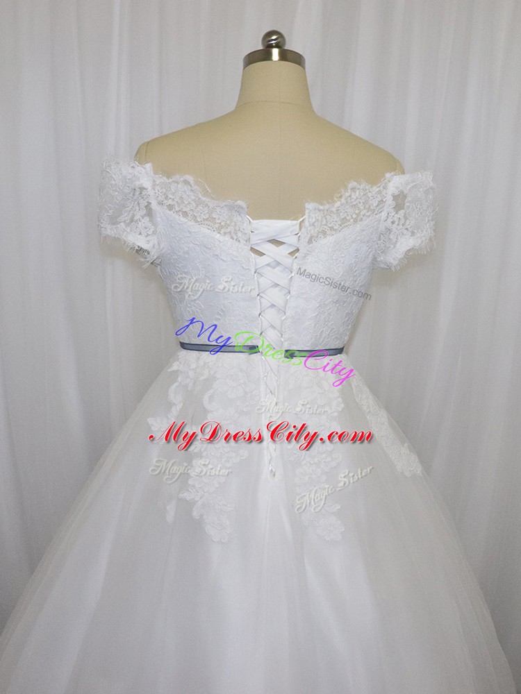 White Ball Gowns Off The Shoulder Short Sleeves Tulle Floor Length Lace Up Lace and Belt Bridal Gown