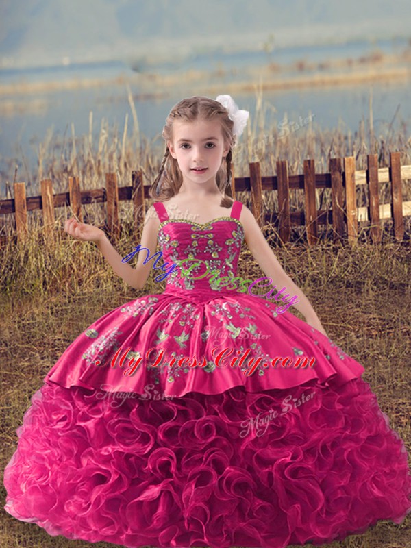 Super Straps Sleeveless Pageant Gowns For Girls Sweep Train Embroidery Hot Pink Fabric With Rolling Flowers