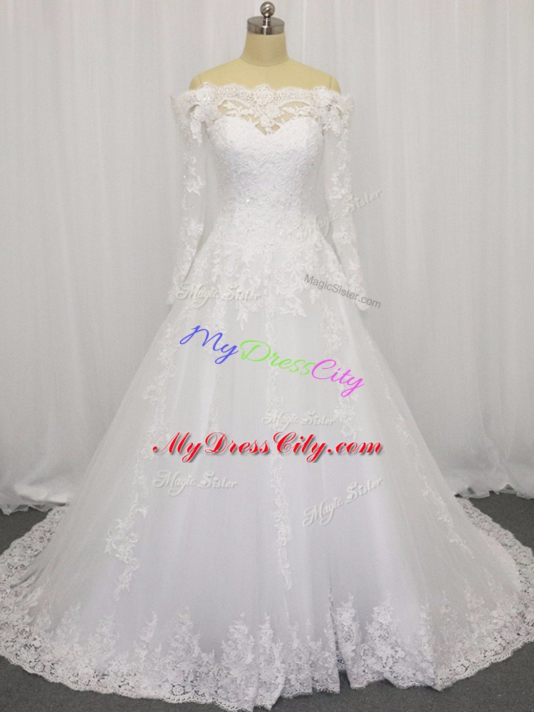 Ideal White Tulle Clasp Handle Off The Shoulder Long Sleeves Wedding Dresses Brush Train Beading and Lace