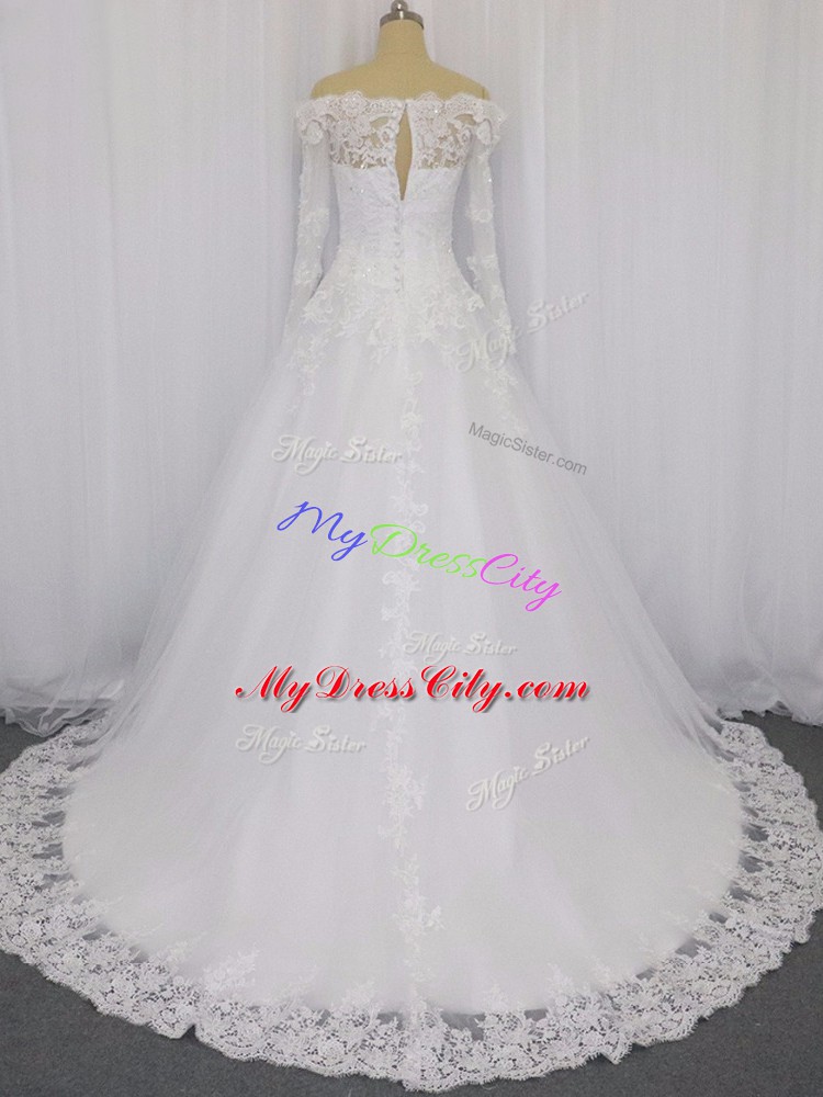 Ideal White Tulle Clasp Handle Off The Shoulder Long Sleeves Wedding Dresses Brush Train Beading and Lace