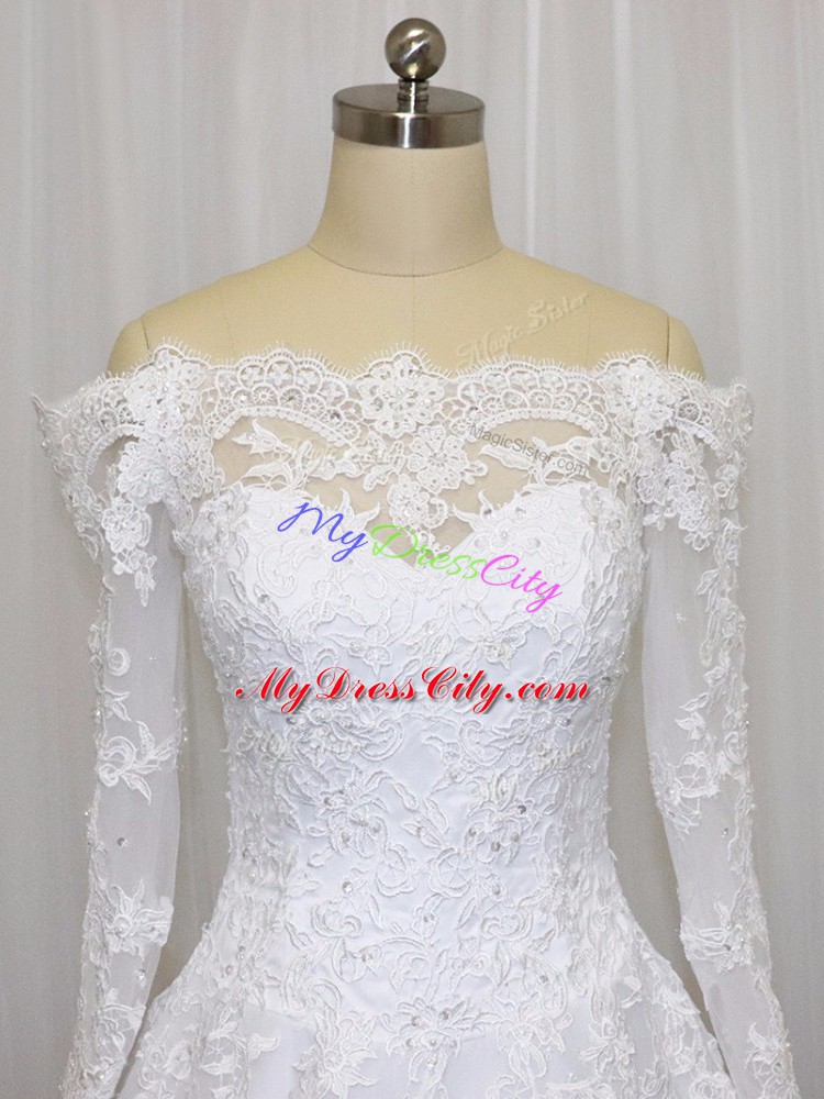 Ideal White Tulle Clasp Handle Off The Shoulder Long Sleeves Wedding Dresses Brush Train Beading and Lace