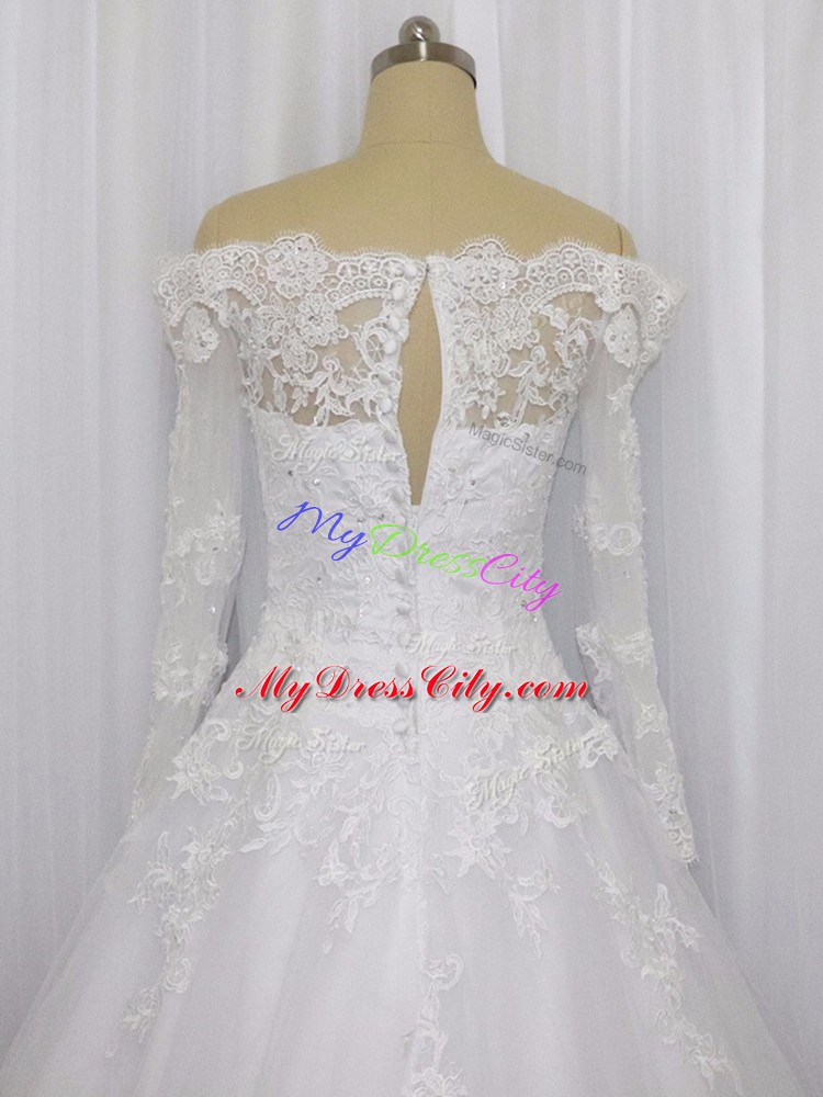 Ideal White Tulle Clasp Handle Off The Shoulder Long Sleeves Wedding Dresses Brush Train Beading and Lace