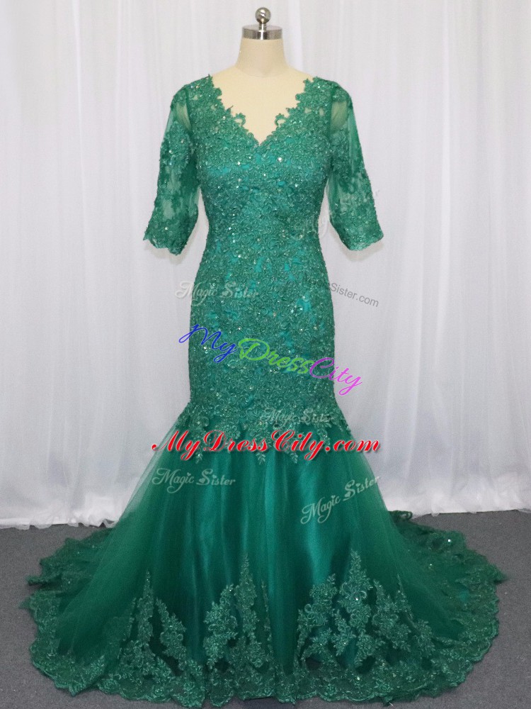 Green V-neck Neckline Lace and Appliques Dress for Prom Half Sleeves Lace Up