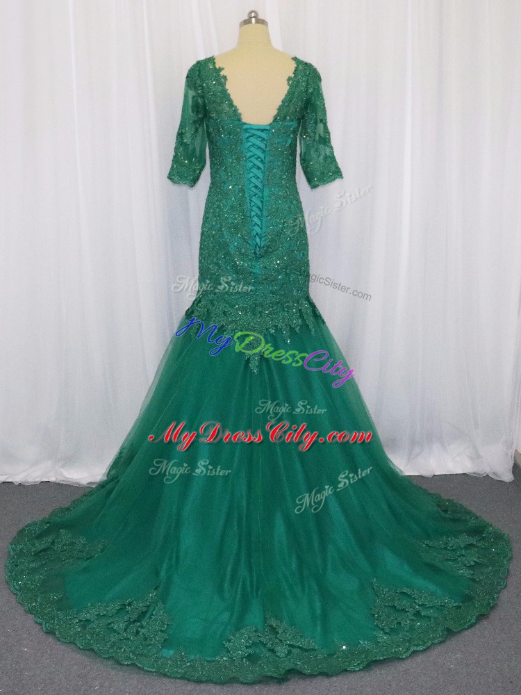 Green V-neck Neckline Lace and Appliques Dress for Prom Half Sleeves Lace Up