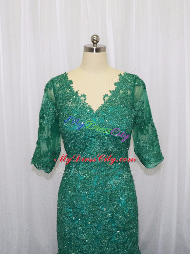 Green V-neck Neckline Lace and Appliques Dress for Prom Half Sleeves Lace Up