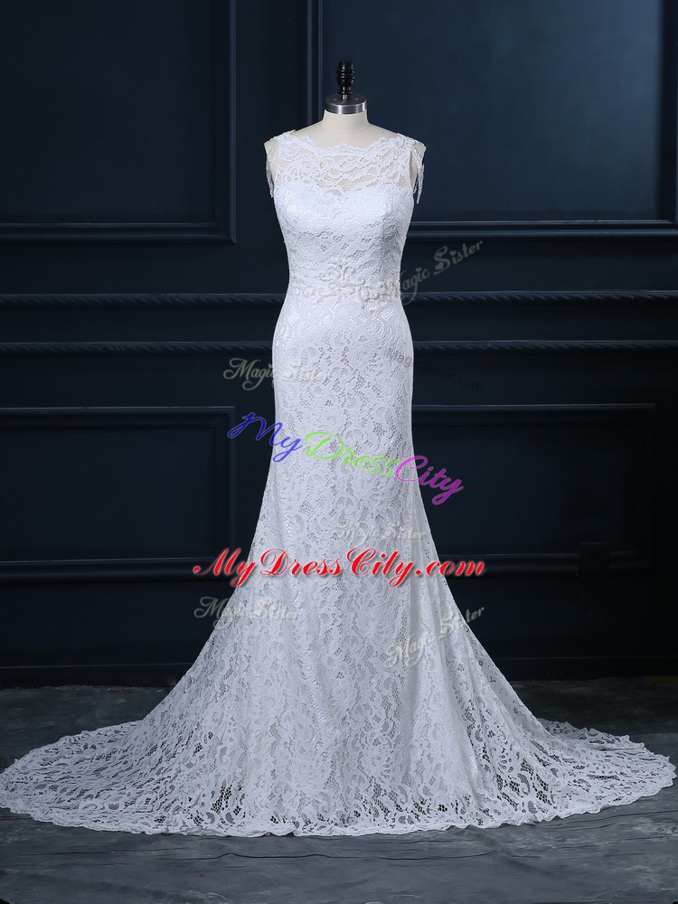 White Scoop Neckline Lace Bridal Gown Sleeveless Backless