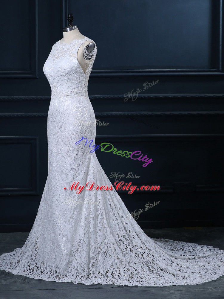 White Scoop Neckline Lace Bridal Gown Sleeveless Backless