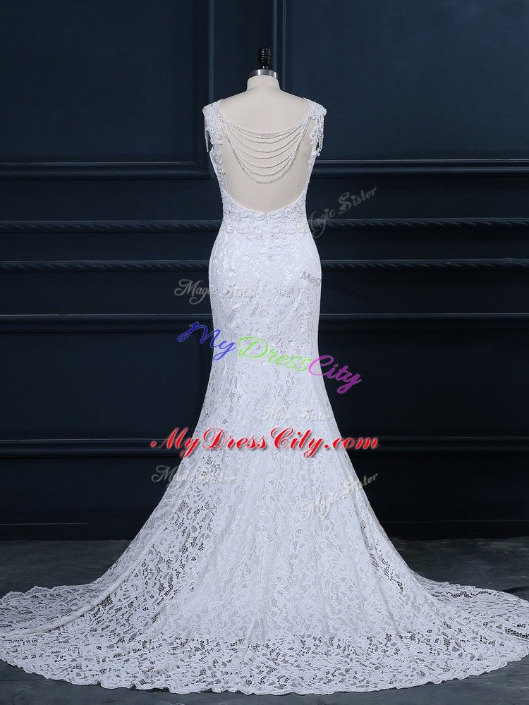 White Scoop Neckline Lace Bridal Gown Sleeveless Backless