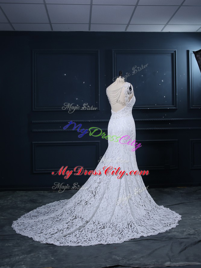 White Scoop Neckline Lace Bridal Gown Sleeveless Backless