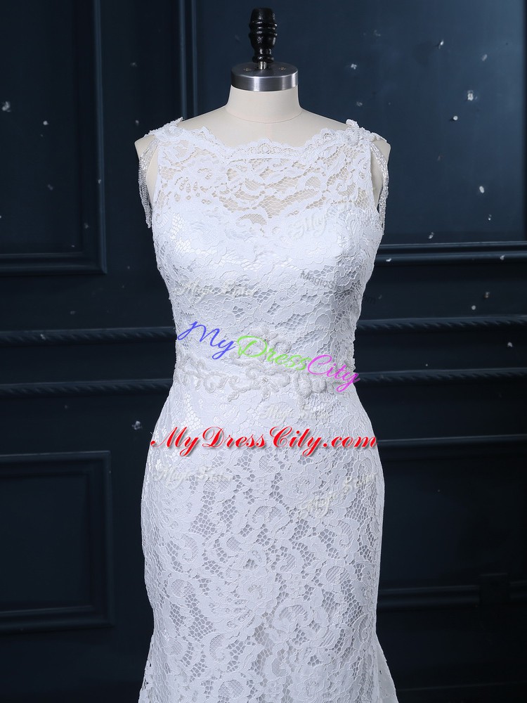 White Scoop Neckline Lace Bridal Gown Sleeveless Backless