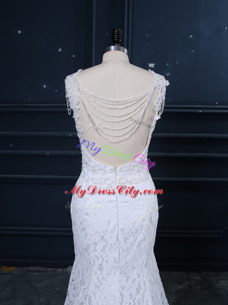 White Scoop Neckline Lace Bridal Gown Sleeveless Backless