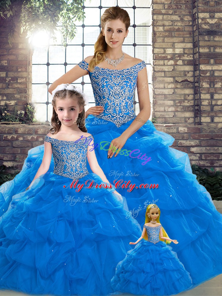 Enchanting Tulle Off The Shoulder Sleeveless Brush Train Lace Up Beading and Pick Ups Quinceanera Gown in Blue