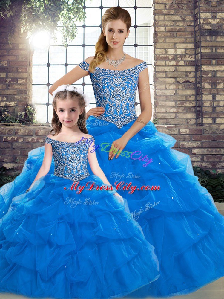 Enchanting Tulle Off The Shoulder Sleeveless Brush Train Lace Up Beading and Pick Ups Quinceanera Gown in Blue