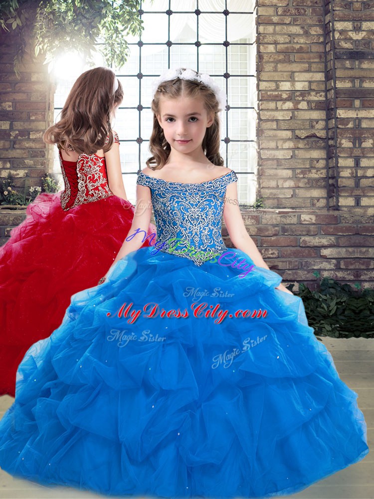 Enchanting Tulle Off The Shoulder Sleeveless Brush Train Lace Up Beading and Pick Ups Quinceanera Gown in Blue