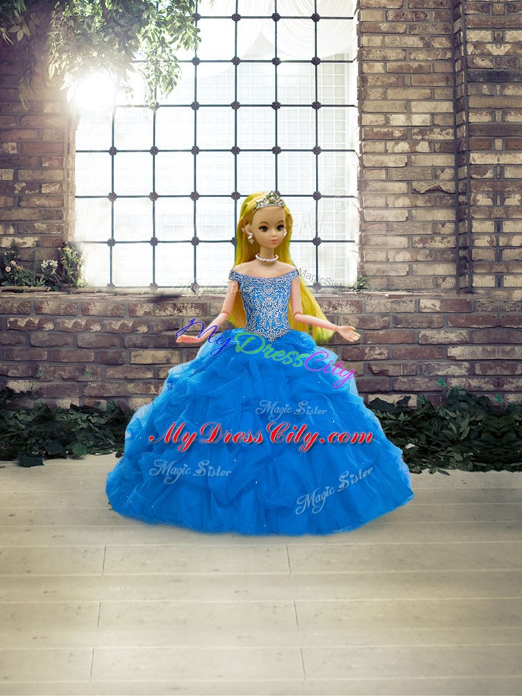 Enchanting Tulle Off The Shoulder Sleeveless Brush Train Lace Up Beading and Pick Ups Quinceanera Gown in Blue