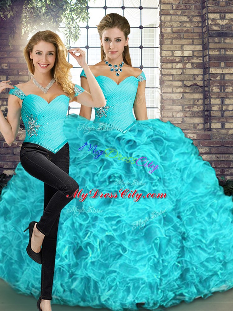 High End Beading and Ruffles Quinceanera Dresses Aqua Blue Lace Up Sleeveless Floor Length