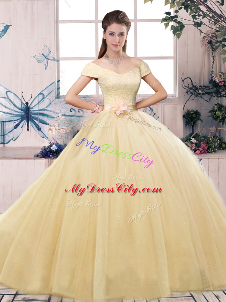 Custom Made Short Sleeves Floor Length Lace and Hand Made Flower Lace Up Ball Gown Prom Dress with Champagne