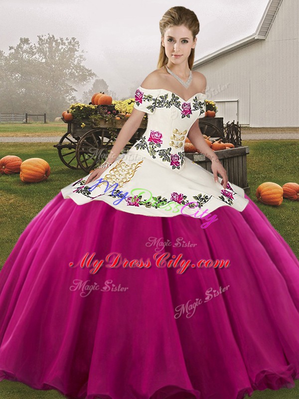 Chic Fuchsia Sleeveless Embroidery Floor Length Sweet 16 Quinceanera Dress