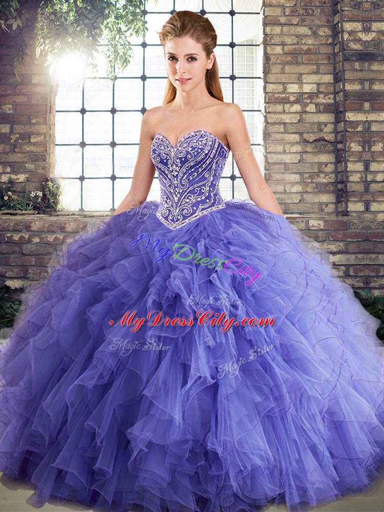 Delicate Lavender Ball Gowns Beading and Ruffles Quinceanera Gowns Lace Up Tulle Sleeveless Floor Length