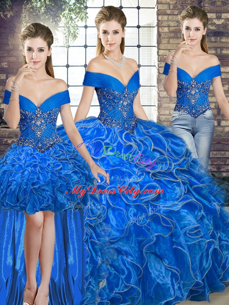 High Quality Sleeveless Floor Length Beading and Ruffles Lace Up Quinceanera Dresses with Royal Blue