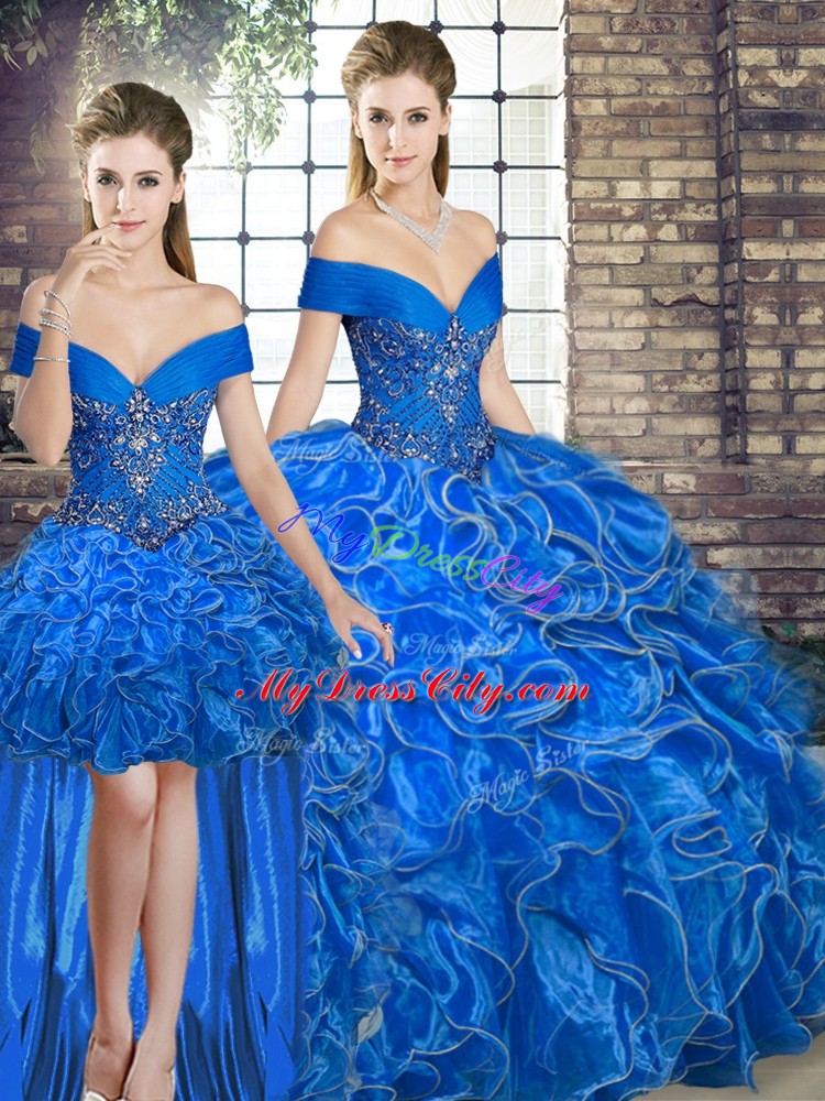 High Quality Sleeveless Floor Length Beading and Ruffles Lace Up Quinceanera Dresses with Royal Blue