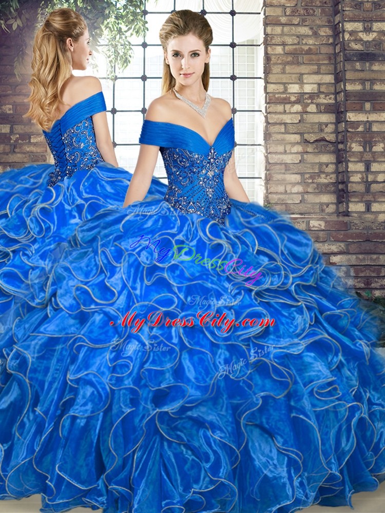 High Quality Sleeveless Floor Length Beading and Ruffles Lace Up Quinceanera Dresses with Royal Blue