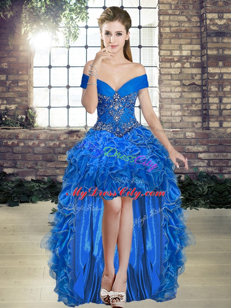 High Quality Sleeveless Floor Length Beading and Ruffles Lace Up Quinceanera Dresses with Royal Blue