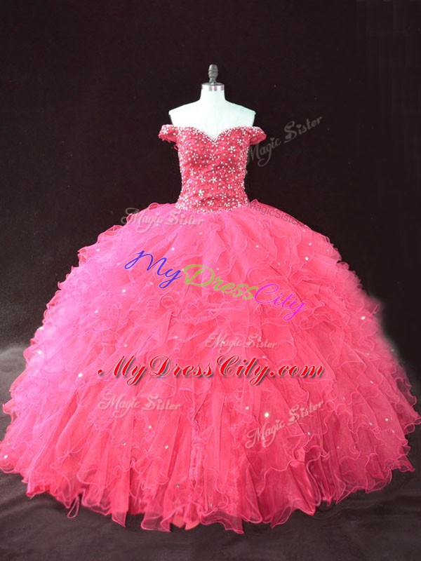 Luxury Beading and Ruffles Ball Gown Prom Dress Hot Pink Lace Up Sleeveless Floor Length