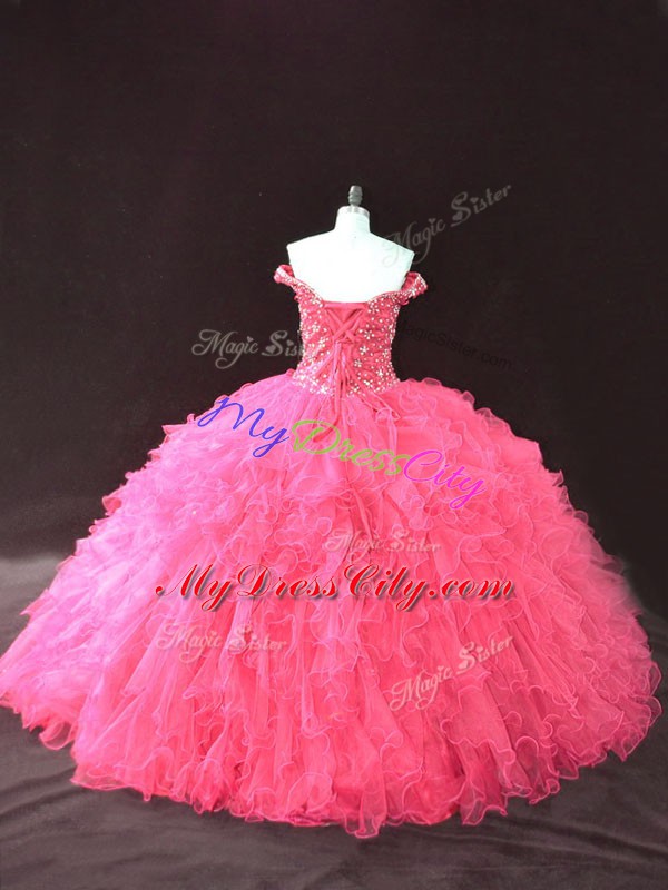 Luxury Beading and Ruffles Ball Gown Prom Dress Hot Pink Lace Up Sleeveless Floor Length