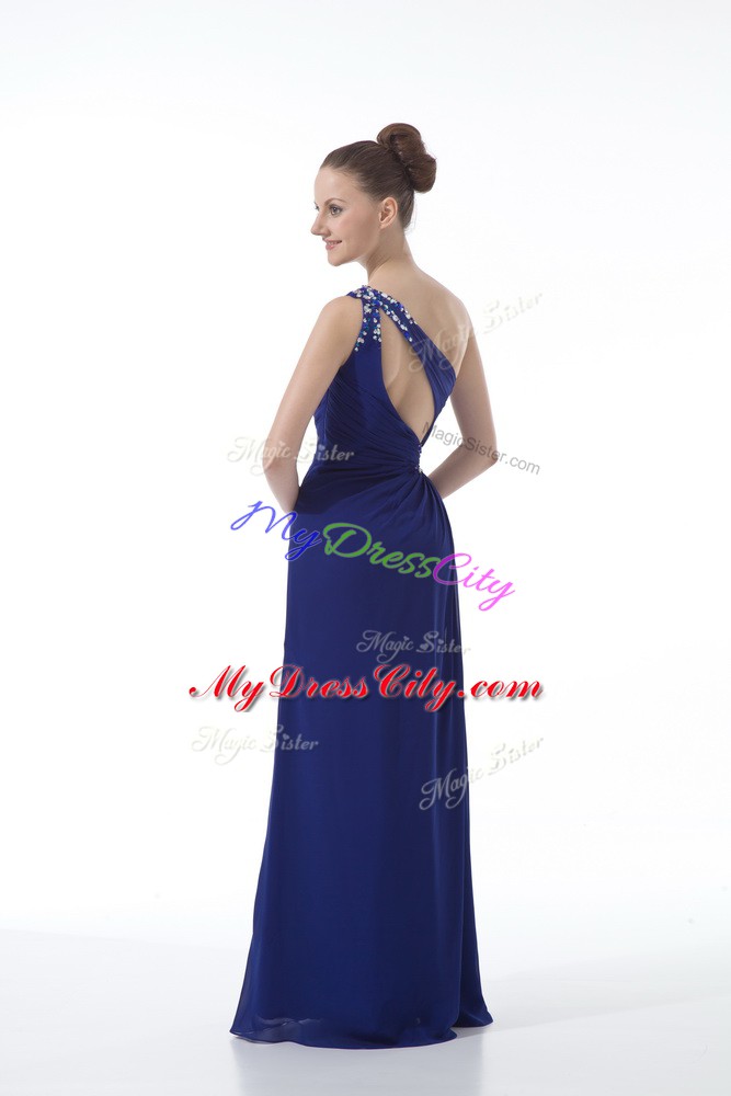 Royal Blue Chiffon Backless Cocktail Dresses Sleeveless Floor Length Beading and Ruching