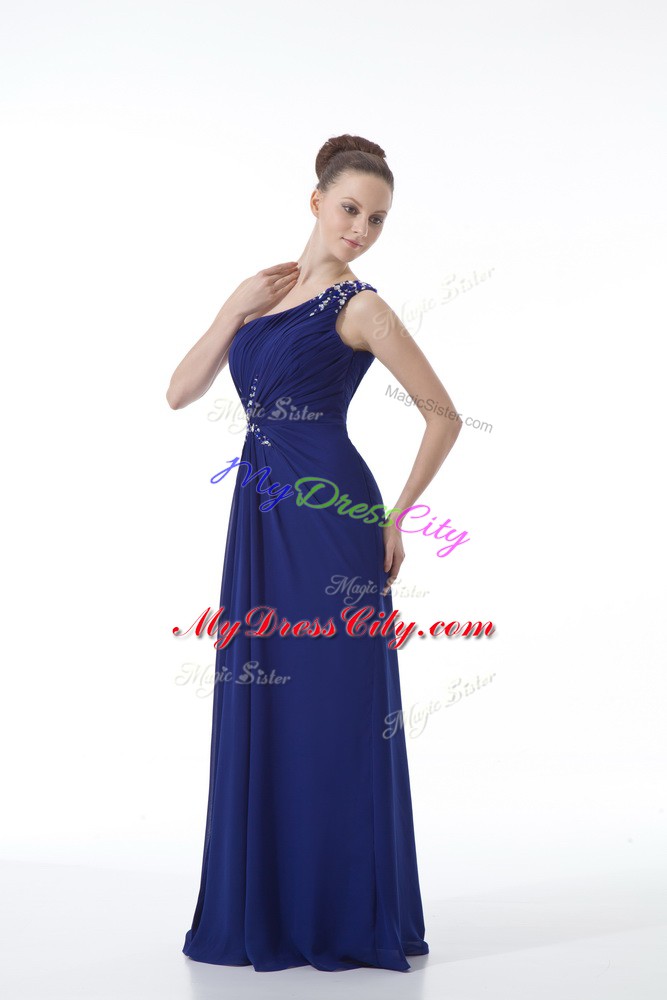 Royal Blue Chiffon Backless Cocktail Dresses Sleeveless Floor Length Beading and Ruching