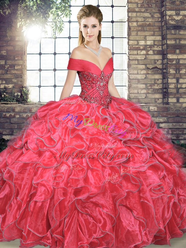 Suitable Coral Red Organza Lace Up Off The Shoulder Sleeveless Floor Length Sweet 16 Quinceanera Dress Beading and Ruffles