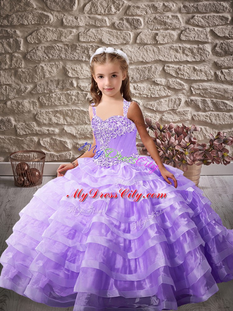 New Style Sleeveless Brush Train Lace Up Beading and Ruffled Layers Kids Pageant Dress