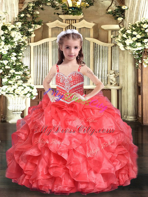 Most Popular Coral Red Lace Up Little Girls Pageant Gowns Beading and Ruffles Sleeveless Floor Length