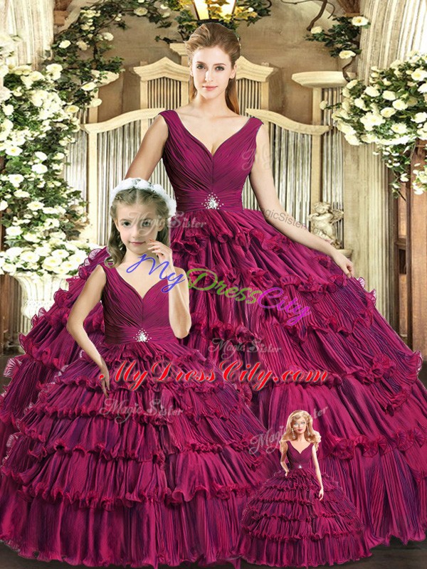 Burgundy Sleeveless Ruffled Layers Floor Length Quinceanera Dresses