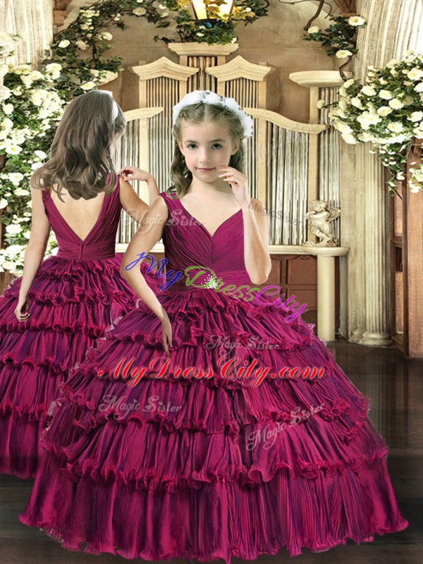 Burgundy Sleeveless Ruffled Layers Floor Length Quinceanera Dresses