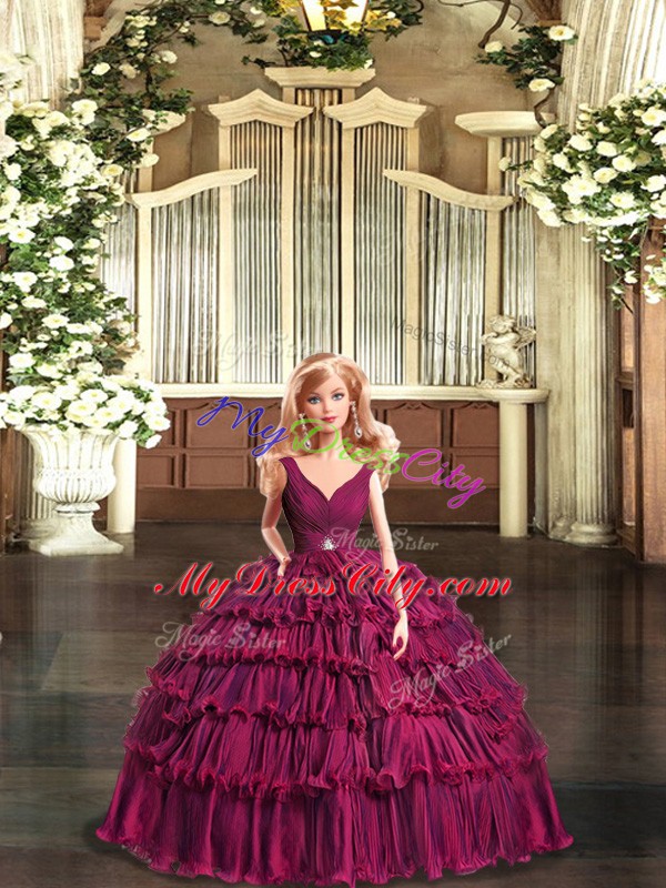 Burgundy Sleeveless Ruffled Layers Floor Length Quinceanera Dresses