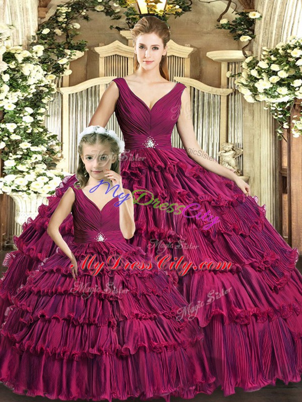 Burgundy Sleeveless Ruffled Layers Floor Length Quinceanera Dresses