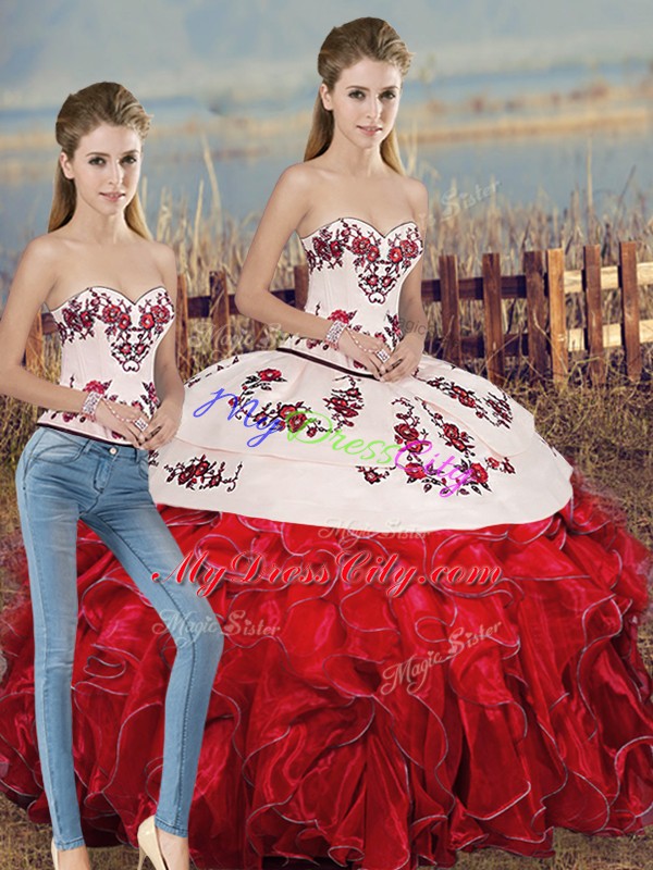 White And Red Two Pieces Embroidery and Ruffles and Bowknot Quinceanera Dress Lace Up Organza Sleeveless Floor Length